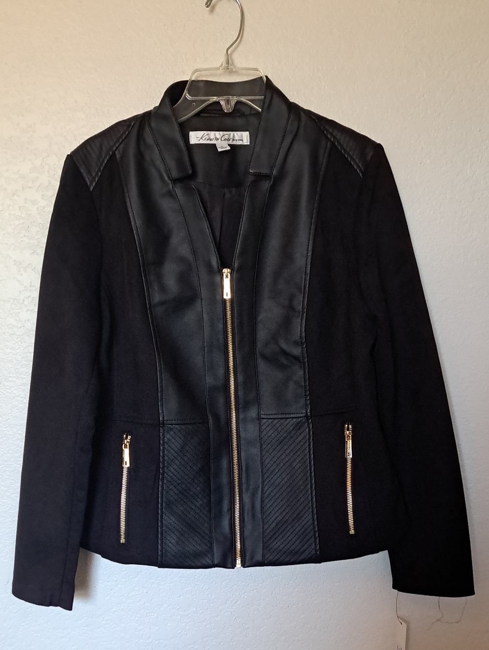 Kenneth Cole Black Jacket Faux Leather Trim & Suede Gold Zippers